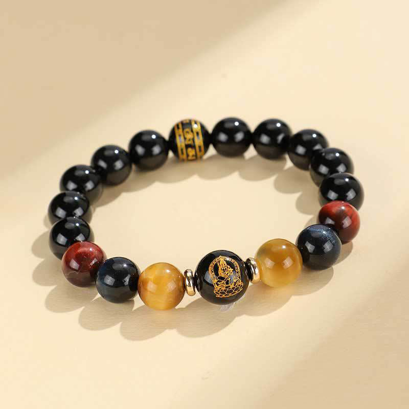 Buddha Stonesブラックオニキス タイガーアイオーム・マニ・パドメ・フム十二支誕生仏サポートブレスレット