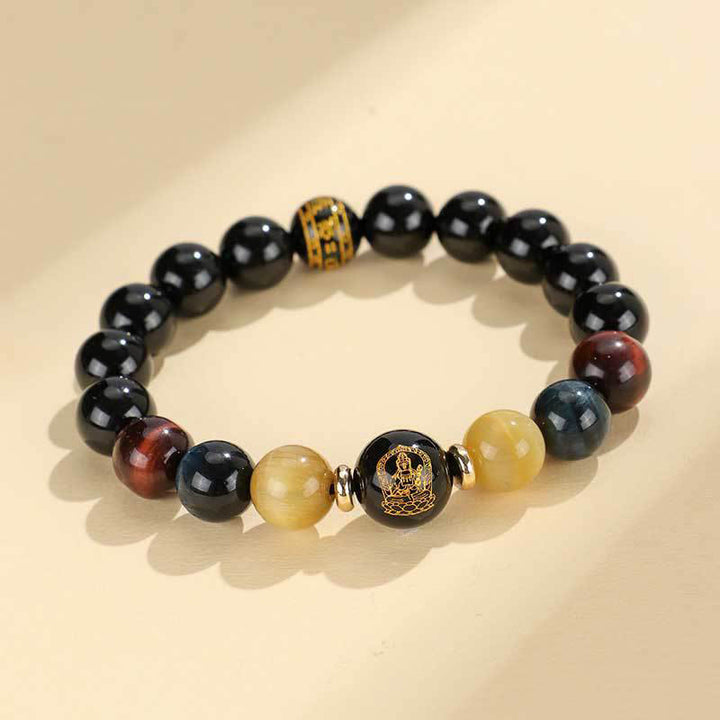 Buddha Stonesブラックオニキス タイガーアイオーム・マニ・パドメ・フム十二支誕生仏サポートブレスレット