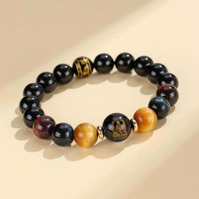 Buddha Stonesブラックオニキス タイガーアイオーム・マニ・パドメ・フム十二支誕生仏サポートブレスレット
