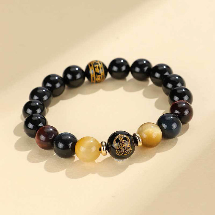 Buddha Stonesブラックオニキス タイガーアイオーム・マニ・パドメ・フム十二支誕生仏サポートブレスレット