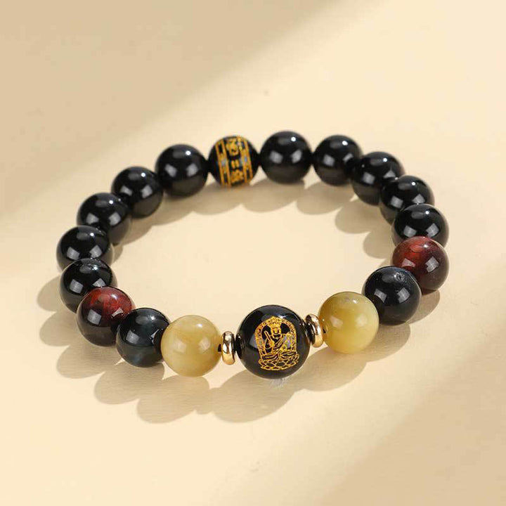 Buddha Stonesブラックオニキス タイガーアイオーム・マニ・パドメ・フム十二支誕生仏サポートブレスレット