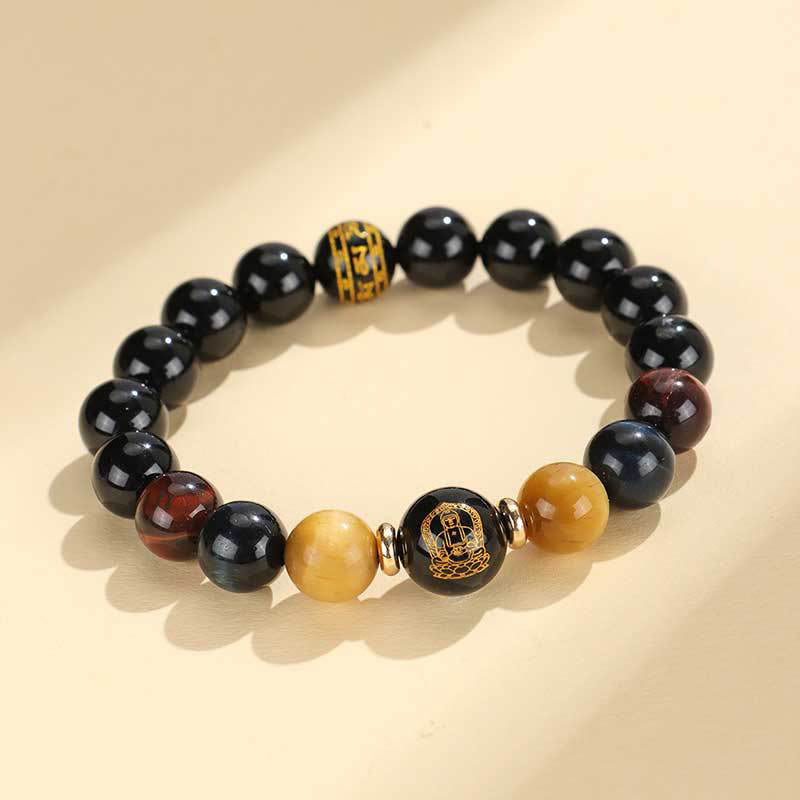 Buddha Stonesブラックオニキス タイガーアイオーム・マニ・パドメ・フム十二支誕生仏サポートブレスレット