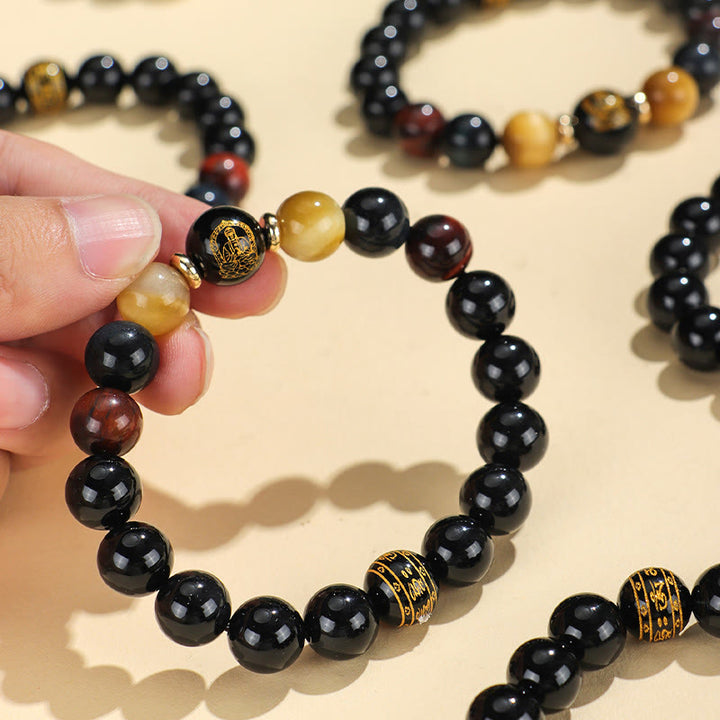 Buddha Stonesブラックオニキス タイガーアイオーム・マニ・パドメ・フム十二支誕生仏サポートブレスレット