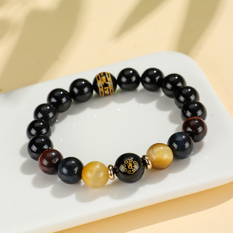 Buddha Stonesブラックオニキス タイガーアイオーム・マニ・パドメ・フム十二支誕生仏サポートブレスレット