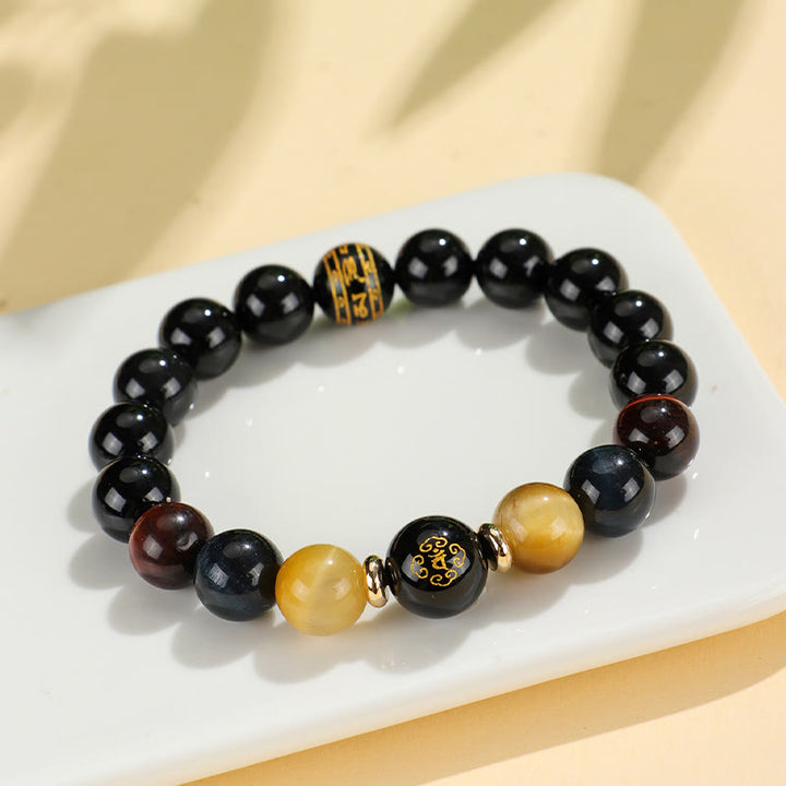 Buddha Stonesブラックオニキス タイガーアイオーム・マニ・パドメ・フム十二支誕生仏サポートブレスレット