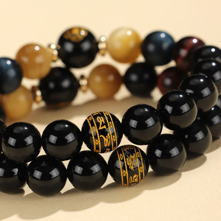 Buddha Stonesブラックオニキス タイガーアイオーム・マニ・パドメ・フム十二支誕生仏サポートブレスレット