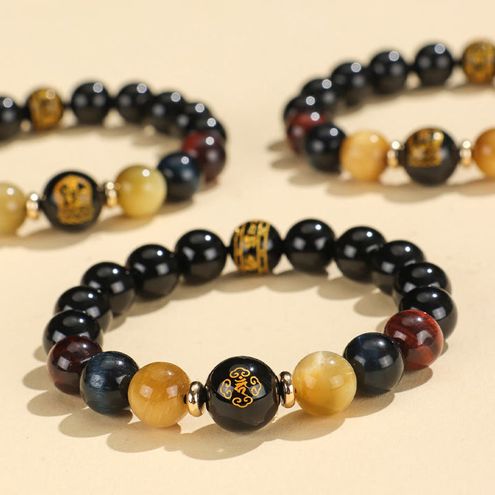 Buddha Stonesブラックオニキス タイガーアイオーム・マニ・パドメ・フム十二支誕生仏サポートブレスレット