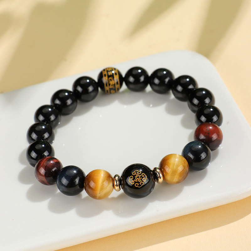 Buddha Stonesブラックオニキス タイガーアイオーム・マニ・パドメ・フム十二支誕生仏サポートブレスレット