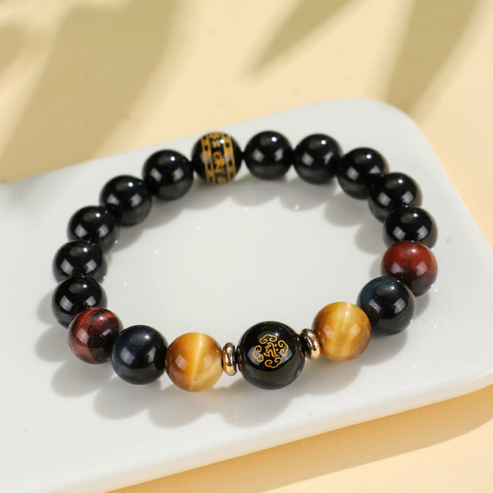 Buddha Stonesブラックオニキス タイガーアイオーム・マニ・パドメ・フム十二支誕生仏サポートブレスレット