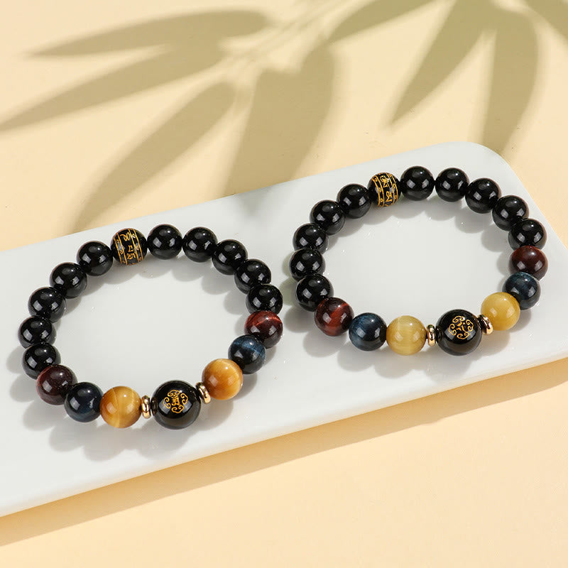 Buddha Stonesブラックオニキス タイガーアイオーム・マニ・パドメ・フム十二支誕生仏サポートブレスレット