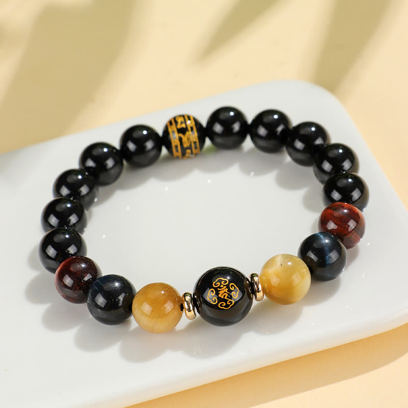 Buddha Stonesブラックオニキス タイガーアイオーム・マニ・パドメ・フム十二支誕生仏サポートブレスレット