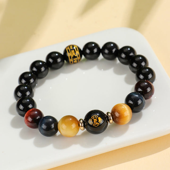 Buddha Stonesブラックオニキス タイガーアイオーム・マニ・パドメ・フム十二支誕生仏サポートブレスレット
