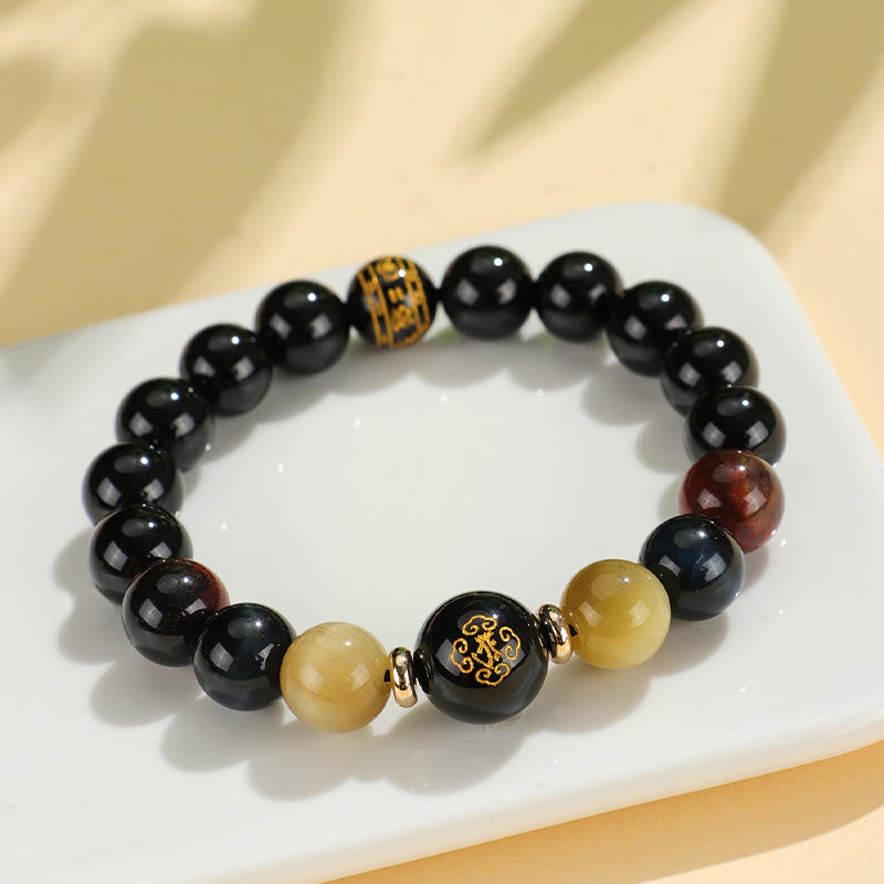 Buddha Stonesブラックオニキス タイガーアイオーム・マニ・パドメ・フム十二支誕生仏サポートブレスレット