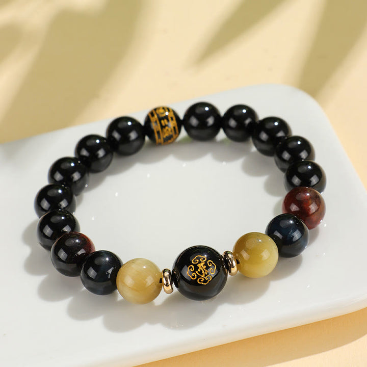 Buddha Stonesブラックオニキス タイガーアイオーム・マニ・パドメ・フム十二支誕生仏サポートブレスレット