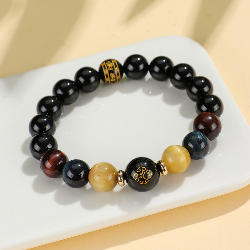 Buddha Stonesブラックオニキス タイガーアイオーム・マニ・パドメ・フム十二支誕生仏サポートブレスレット