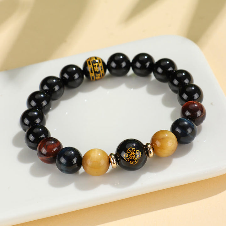 Buddha Stonesブラックオニキス タイガーアイオーム・マニ・パドメ・フム十二支誕生仏サポートブレスレット