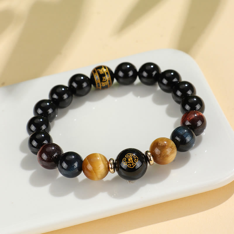 Buddha Stonesブラックオニキス タイガーアイオーム・マニ・パドメ・フム十二支誕生仏サポートブレスレット
