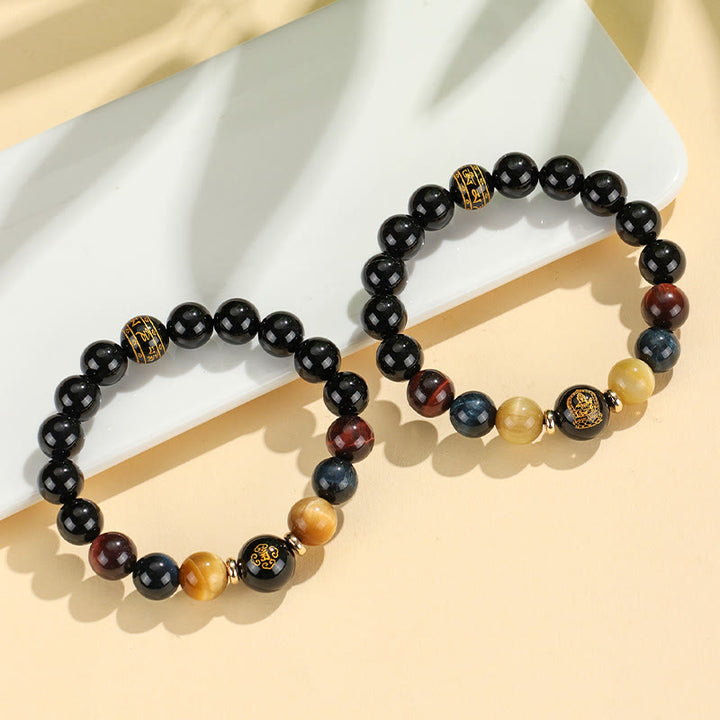 Buddha Stonesブラックオニキス タイガーアイオーム・マニ・パドメ・フム十二支誕生仏サポートブレスレット