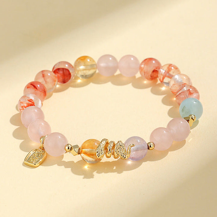 Buddha Stones各種クリスタルピンククリスタルアメジスト蛇年幸運ブレスレット - ピンククリスタル（手首周り：14～16.5cm） - image 0