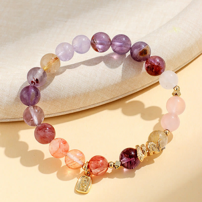 Buddha Stones各種クリスタルピンククリスタルアメジスト蛇年幸運ブレスレット - image 3