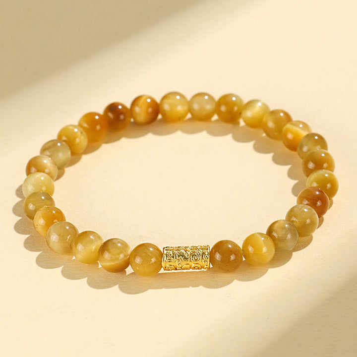 Buddha Stonesタイガーアイフーキャラクター竹鯉魚ロータスオーム・マニ・パドメ・フム守護ブレスレット