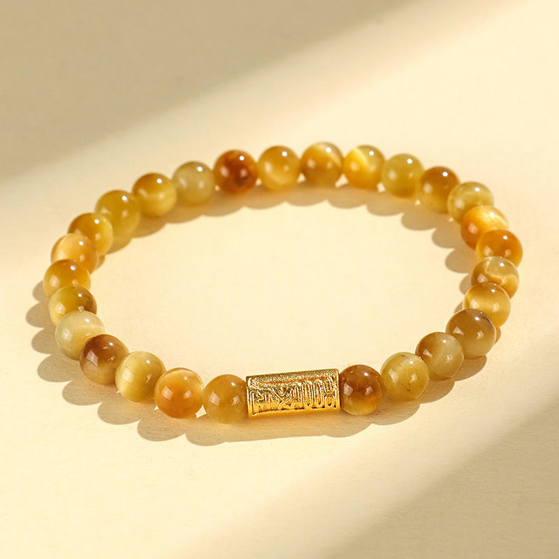 Buddha Stonesタイガーアイフーキャラクター竹鯉魚ロータスオーム・マニ・パドメ・フム守護ブレスレット
