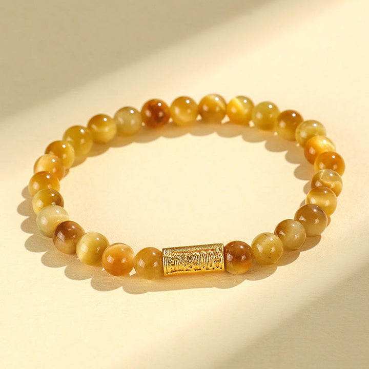 Buddha Stonesタイガーアイフーキャラクター竹鯉魚ロータスオーム・マニ・パドメ・フム守護ブレスレット