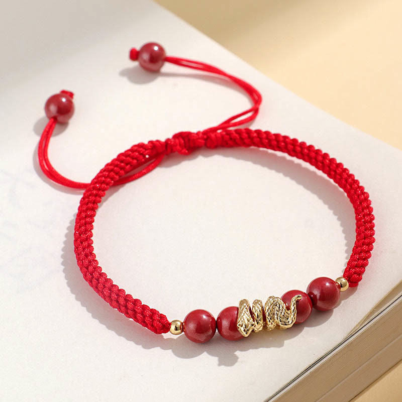Buddha Stones辰砂 手作り 蛇年 紐 守護 編み込み ブレスレット