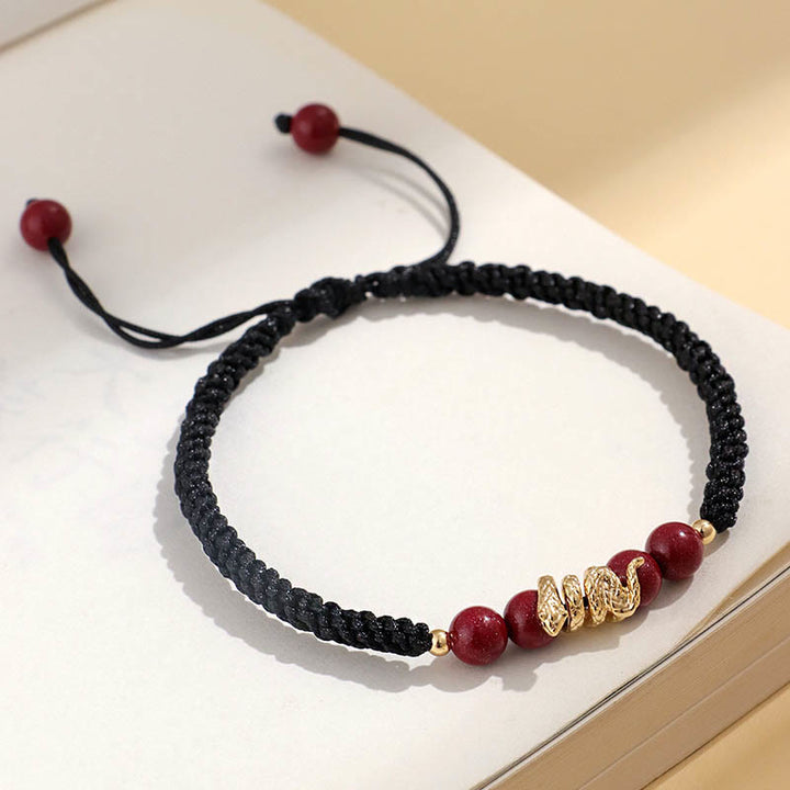 Buddha Stones辰砂 手作り 蛇年 紐 守護 編み込み ブレスレット