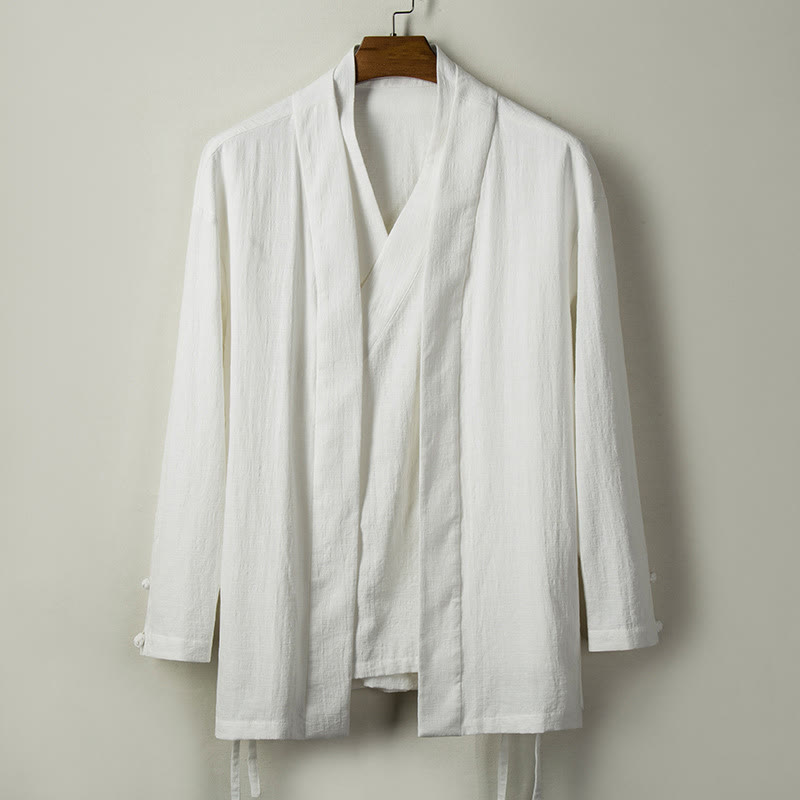 Buddha Stonesの秋の中国漢服コットンリネンメンズジャケット - 白 - US/UK/AU44、 EU54 (4XL) - image 2