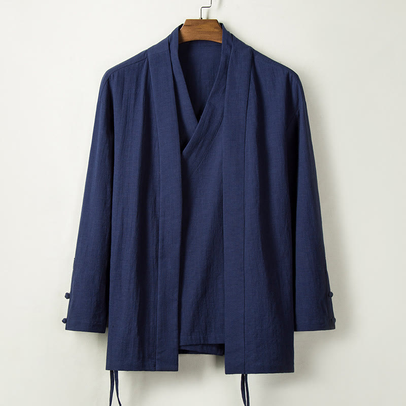 Buddha Stonesの秋の中国漢服コットンリネンメンズジャケット - スチールブルー - US/UK/AU44、 EU54 (4XL) - image 0
