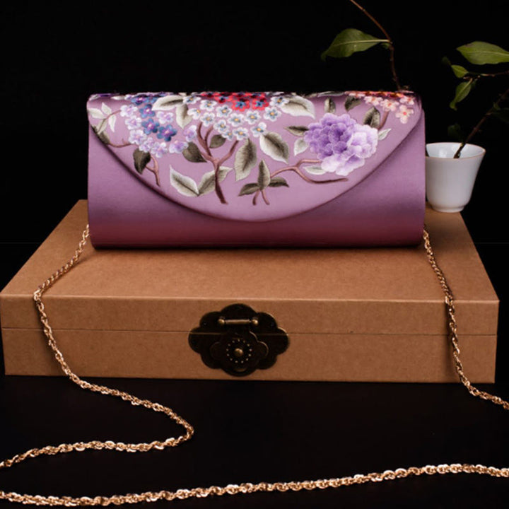 Buddha Stonesと紫陽花の蘇刺繍のウェディングショッピングウォレットハンドバッグクロスボディバッグ