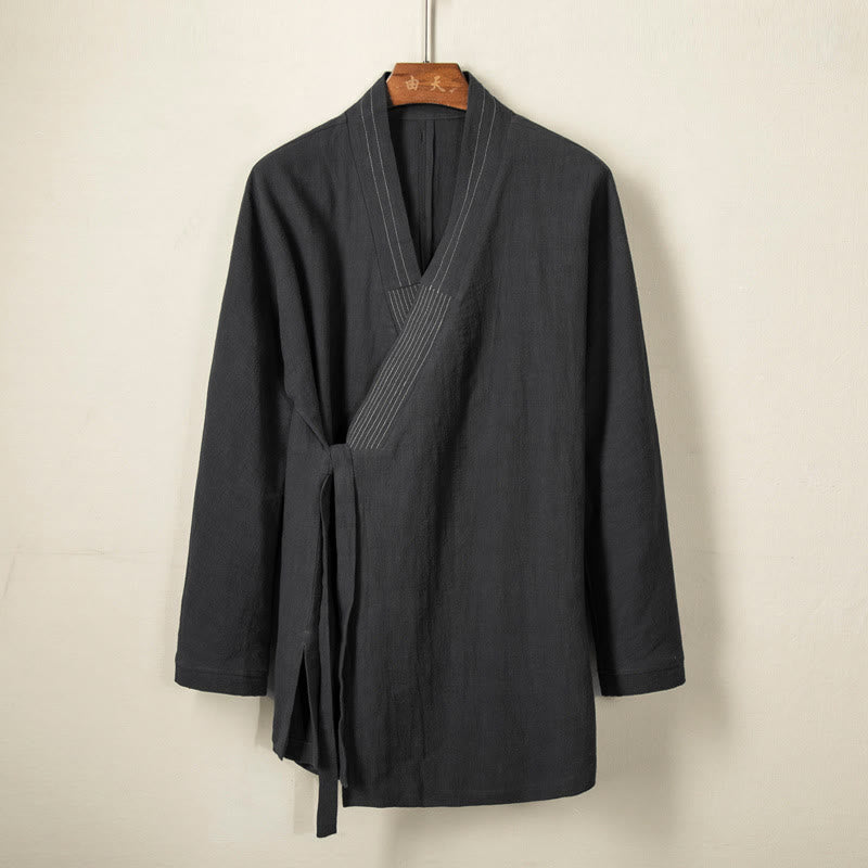 Buddha Stonesシンプル 秋 レースアップ コットンリネン メンズ ジャケットコート 禅服 - 黒 - US/UK/AU44、 EU54 (4XL) - image 0