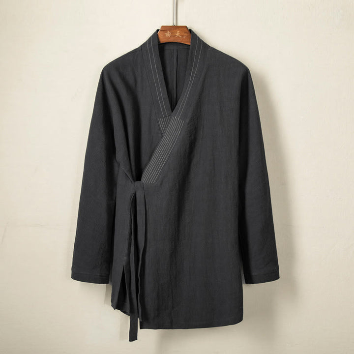 Buddha Stonesシンプル 秋 レースアップ コットンリネン メンズ ジャケットコート 禅服 - 黒 - US/UK/AU44、 EU54 (4XL) - image 0