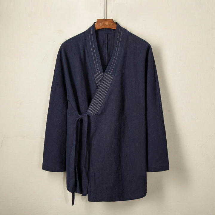 Buddha Stonesシンプル 秋 レースアップ コットンリネン メンズ ジャケットコート 禅服 - スティールブルー - US/UK/AU44、 EU54 (4XL) - image 2