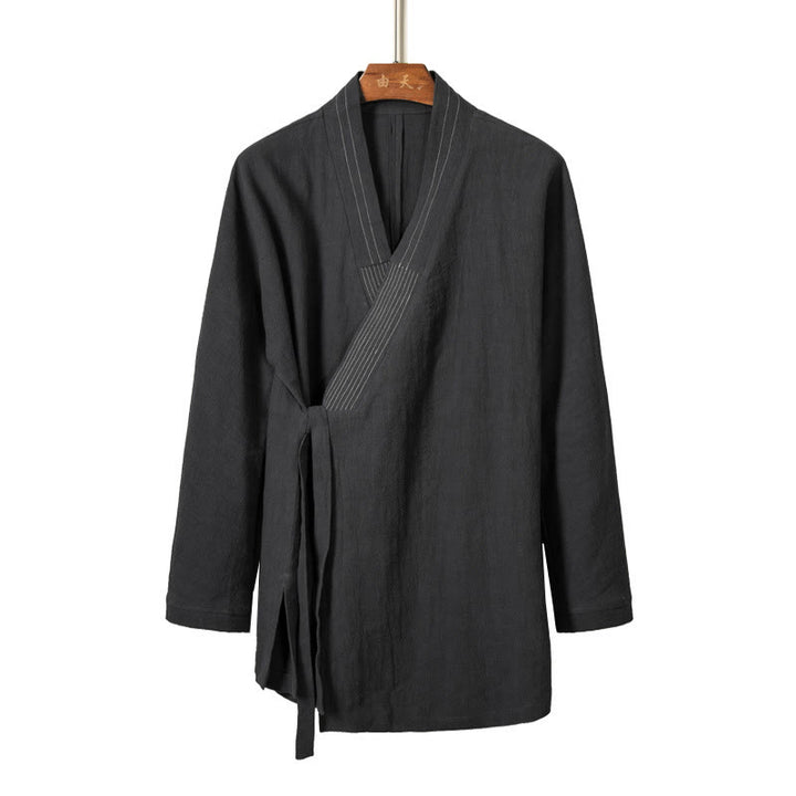 Buddha Stonesシンプル 秋 レースアップ コットンリネン メンズ ジャケットコート 禅服 - ライトスレートグレー - US/UK/AU44、 EU54 (4XL) - image 5