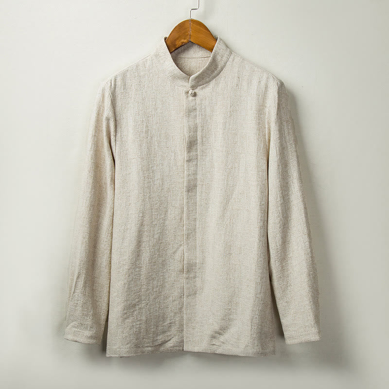 Buddha Stones秋 無地 長袖 ボタンシャツ コットンリネン メンズ 服 - リネン - US/UK/AU44、 EU54 (4XL) - image 0