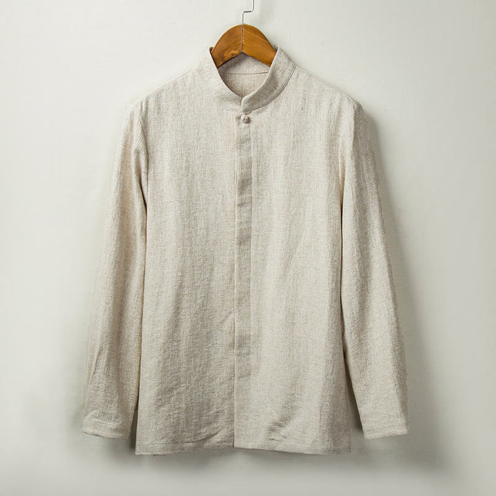 Buddha Stones秋 無地 長袖 ボタンシャツ コットンリネン メンズ 服 - リネン - US/UK/AU44、 EU54 (4XL) - image 0