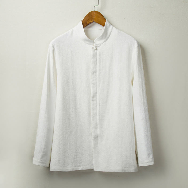 Buddha Stones秋 無地 長袖 ボタンシャツ コットンリネン メンズ 服 - 白 - US/UK/AU44、 EU54 (4XL) - image 2