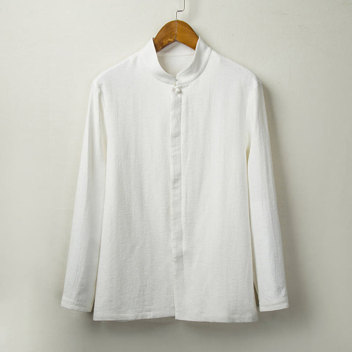 Buddha Stones秋 無地 長袖 ボタンシャツ コットンリネン メンズ 服 - 白 - US/UK/AU44、 EU54 (4XL) - image 2