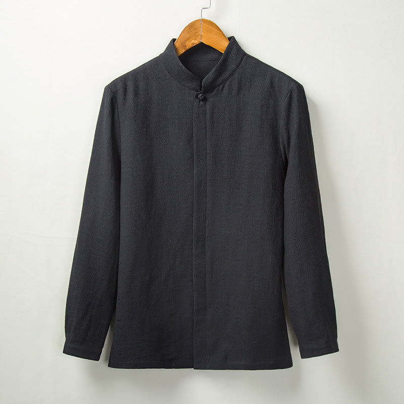 Buddha Stones秋 無地 長袖 ボタンシャツ コットンリネン メンズ 服 - 黒 - US/UK/AU44、 EU54 (4XL) - image 4