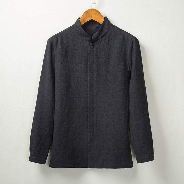 Buddha Stones秋 無地 長袖 ボタンシャツ コットンリネン メンズ 服 - 黒 - US/UK/AU44、 EU54 (4XL) - image 4