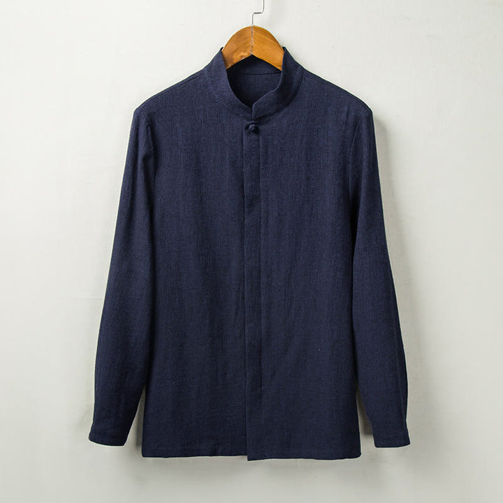 Buddha Stones秋 無地 長袖 ボタンシャツ コットンリネン メンズ 服 - スティールブルー - US/UK/AU44、 EU54 (4XL) - image 6