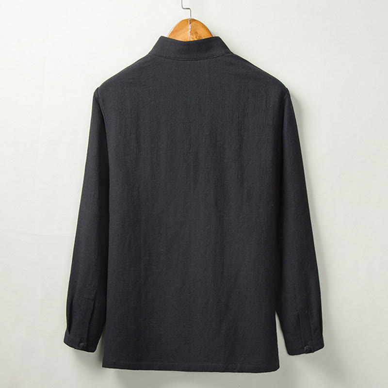 Buddha Stones秋 無地 長袖 ボタンシャツ コットンリネン メンズ 服 - image 5