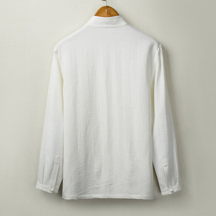 Buddha Stones秋 無地 長袖 ボタンシャツ コットンリネン メンズ 服 - image 3