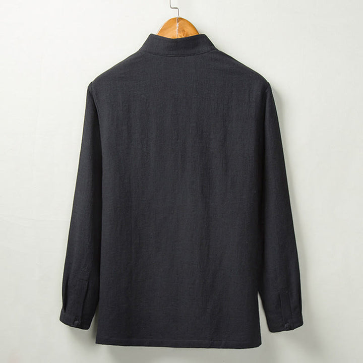 Buddha Stones秋 無地 長袖 ボタンシャツ コットンリネン メンズ 服 - image 5