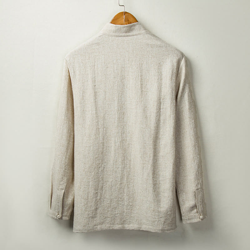 Buddha Stones秋 無地 長袖 ボタンシャツ コットンリネン メンズ 服 - image 1