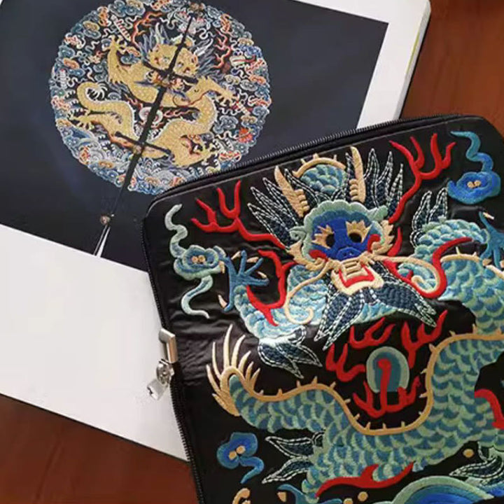 Buddha Stones神話の獣 鳳凰 龍 麒麟 蘇 刺繍 チケットフォルダー 収納 旅行 ショッピングバッグ ハンドバッグ