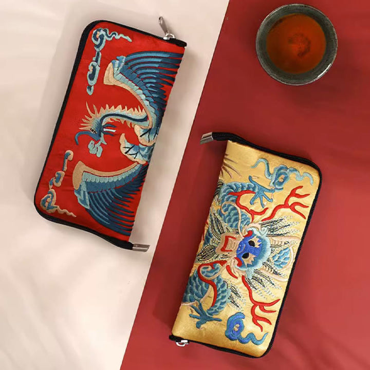 Buddha Stones神話の獣 鳳凰 龍 麒麟 蘇 刺繍 チケットフォルダー 収納 旅行 ショッピングバッグ ハンドバッグ