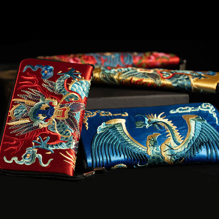 Buddha Stones神話の獣 鳳凰 龍 麒麟 蘇 刺繍 チケットフォルダー 収納 旅行 ショッピングバッグ ハンドバッグ